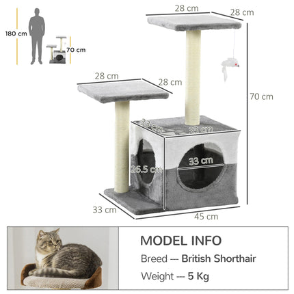 Cat Tree with Sisal Scratching Posts, House, Perches & Toy Mouse - Grey