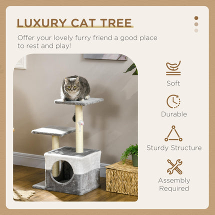 Cat Tree with Sisal Scratching Posts, House, Perches & Toy Mouse - Grey