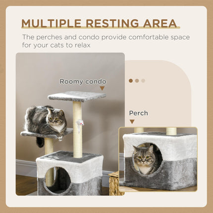 Cat Tree with Sisal Scratching Posts, House, Perches & Toy Mouse - Grey