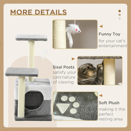Cat Tree with Sisal Scratching Posts, House, Perches & Toy Mouse - Grey