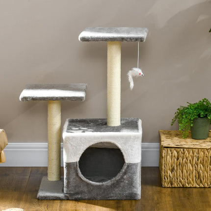 Cat Tree with Sisal Scratching Posts, House, Perches & Toy Mouse - Grey