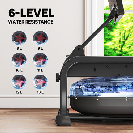 Water Rowing Machine with Wheels, Vertical Storage, Adjustable Resistance, for Strength, Cardio Training