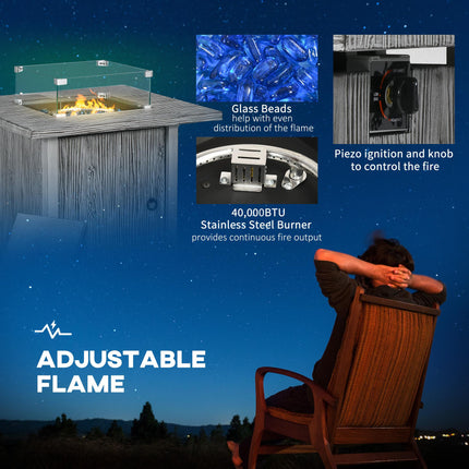 50,000 BTU Gas Fire Pit Table with Glass Screen and Cover - Grey