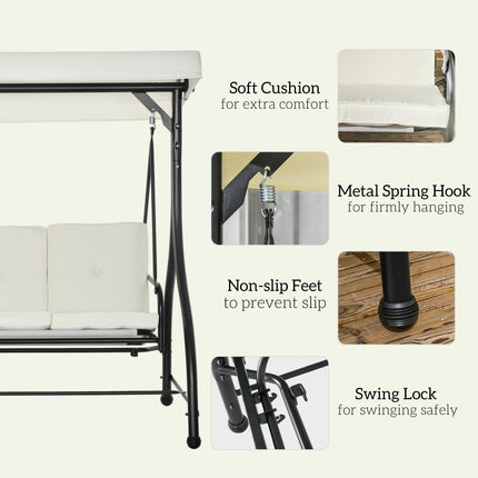 3 Seater 2-in-1 Garden Canopy Swing Chair with Adjustable Canopy and Metal Frame - Cream White