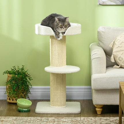 2 Tier Sisal Sherpa Cat Tree with Basket Cushion - Cream White