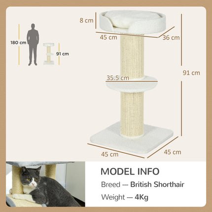2 Tier Sisal Sherpa Cat Tree with Basket Cushion - Cream White