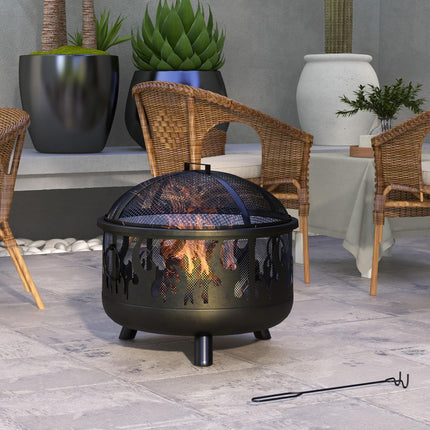 Metal Firepit Bowl 2-in-1 Outdoor BBQ Grill with Lid and Handles - Black