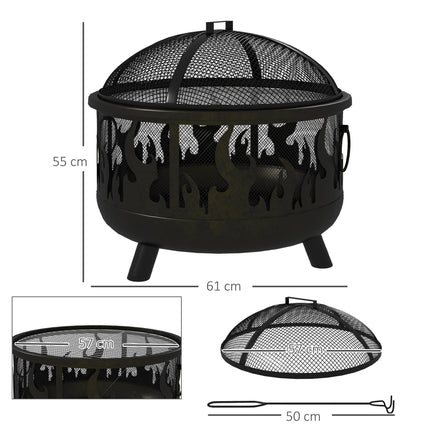 Metal Firepit Bowl 2-in-1 Outdoor BBQ Grill with Lid and Handles - Black