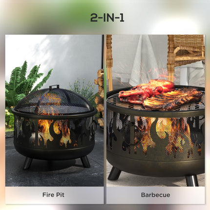 Metal Firepit Bowl 2-in-1 Outdoor BBQ Grill with Lid and Handles - Black