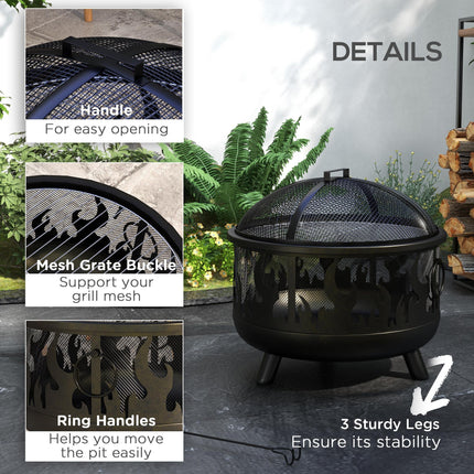 Metal Firepit Bowl 2-in-1 Outdoor BBQ Grill with Lid and Handles - Black