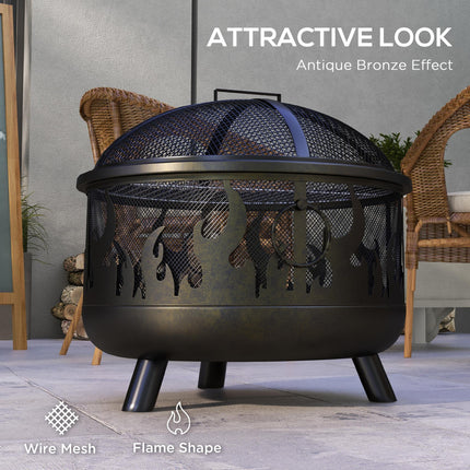 Metal Firepit Bowl 2-in-1 Outdoor BBQ Grill with Lid and Handles - Black