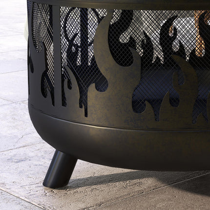 Metal Firepit Bowl 2-in-1 Outdoor BBQ Grill with Lid and Handles - Black