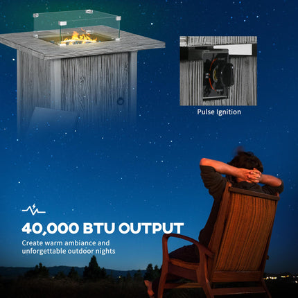 40,000 BTU Gas Fire Pit Table with Glass Screen and Cover - Grey
