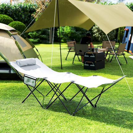 Foldable Outdoor Sun Lounger with Headrest and Side Pocket 180cm - Light Grey