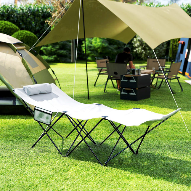 Foldable Outdoor Sun Lounger with Headrest and Side Pocket 180cm - Light Grey
