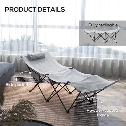 Foldable Outdoor Sun Lounger with Headrest and Side Pocket 180cm - Light Grey