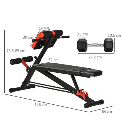 Multifunction Adjustable Weight Bench with 2 Dumbbells and Hyper Extension Sit-up - Black and Red