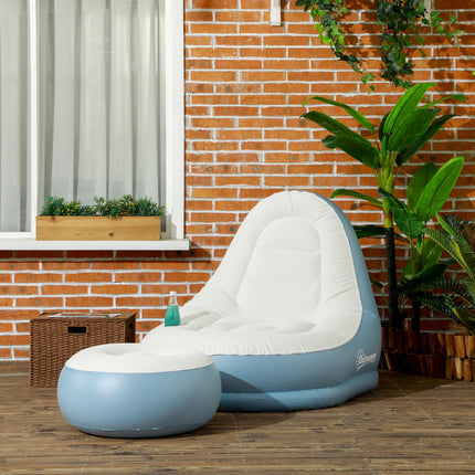 Inflatable Tub Chair with Footstool and Cup Holder - Blue/White