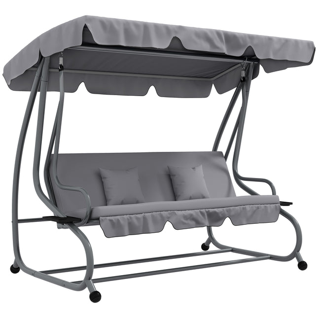 Three-Person Garden Swing Chair with Adjustable Canopy - Light Grey