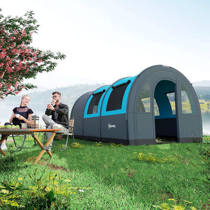 Six Man Tunnel Tent with Dual Rooms and Water-Resistant Shell - Grey and Blue
