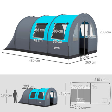 Six Man Tunnel Tent with Dual Rooms and Water-Resistant Shell - Grey and Blue