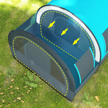 Six Man Tunnel Tent with Dual Rooms and Water-Resistant Shell - Grey and Blue