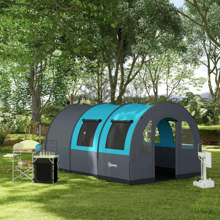 Six Man Tunnel Tent with Dual Rooms and Water-Resistant Shell - Grey and Blue