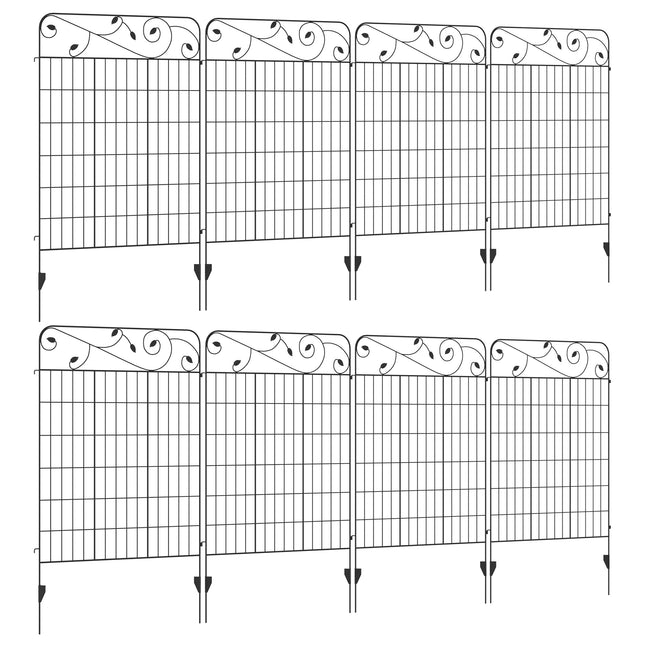 Decorative Metal Garden Fence Panels 8PC 43in x 23ft Rustproof Landscape Border - Black