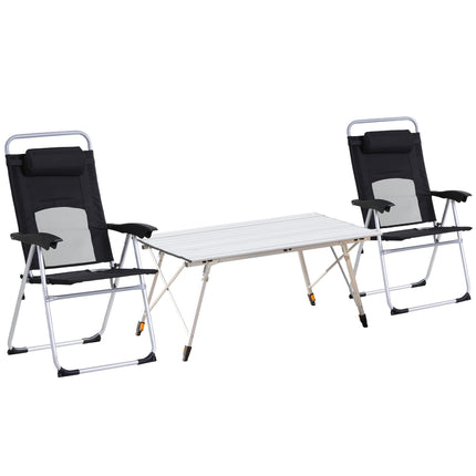 3 Piece Folding Camping Table and Chairs Set with Adjustable Table - Black Silver
