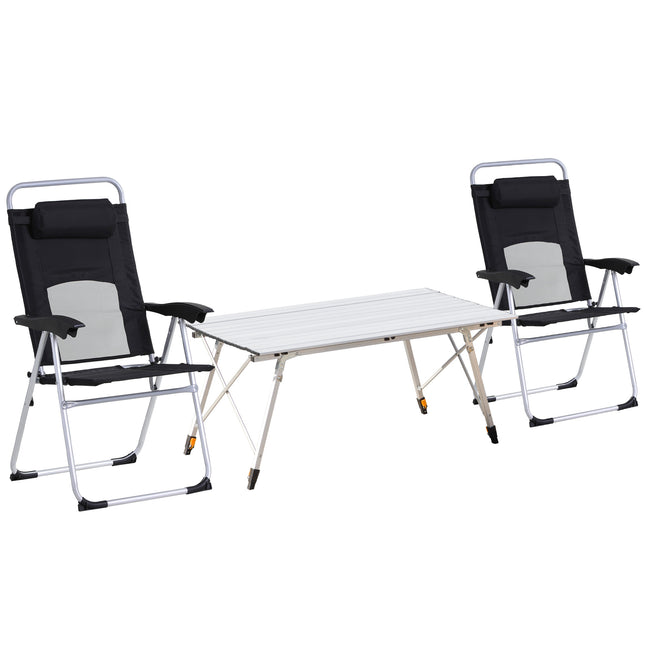 3 Piece Folding Camping Table and Chairs Set with Adjustable Table - Black Silver