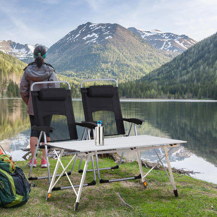 3 Piece Folding Camping Table and Chairs Set with Adjustable Table - Black Silver