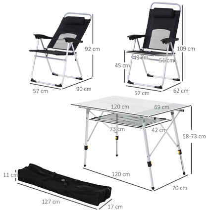 3 Piece Folding Camping Table and Chairs Set with Adjustable Table - Black Silver