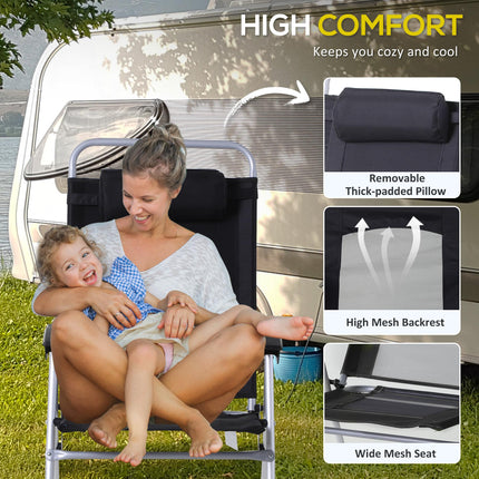 3 Piece Folding Camping Table and Chairs Set with Adjustable Table - Black Silver