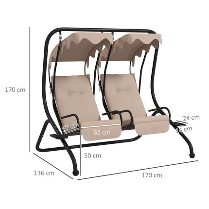 Canopy Swing Chair Two-Seater Garden Outdoor Relax Seat with Cushions and Removable Shade Canopy - Beige