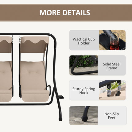 Canopy Swing Chair Two-Seater Garden Outdoor Relax Seat with Cushions and Removable Shade Canopy - Beige