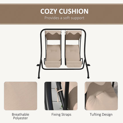 Canopy Swing Chair Two-Seater Garden Outdoor Relax Seat with Cushions and Removable Shade Canopy - Beige