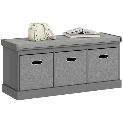 Three-Drawer Shoe Storage Bench with Padded Seat - Grey