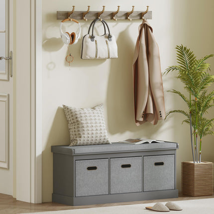 Three-Drawer Shoe Storage Bench with Padded Seat - Grey