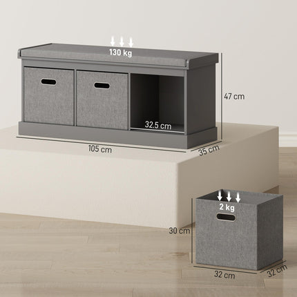 Three-Drawer Shoe Storage Bench with Padded Seat - Grey
