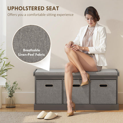 Three-Drawer Shoe Storage Bench with Padded Seat - Grey