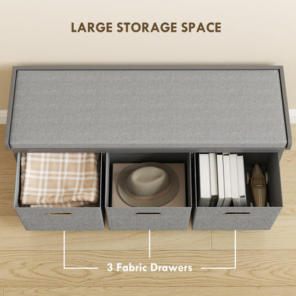 Three-Drawer Shoe Storage Bench with Padded Seat - Grey