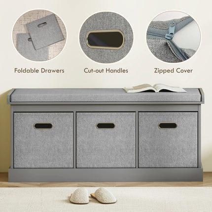 Three-Drawer Shoe Storage Bench with Padded Seat - Grey