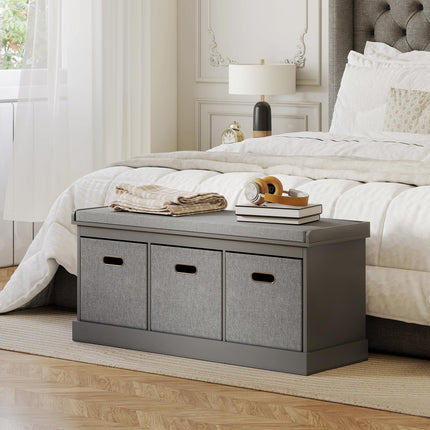 Three-Drawer Shoe Storage Bench with Padded Seat - Grey