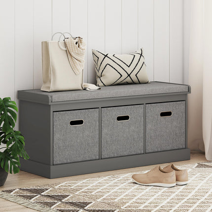 Three-Drawer Shoe Storage Bench with Padded Seat - Grey