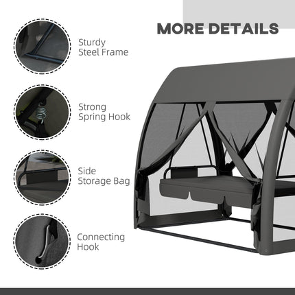 3 Seater 2-in-1 Garden Swing Chair & Bed with Mosquito Net, Water-Resistant Roof - Grey