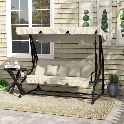 Convertible Three-Seater Swing Chair Bed with Canopy and Cushions - Cream