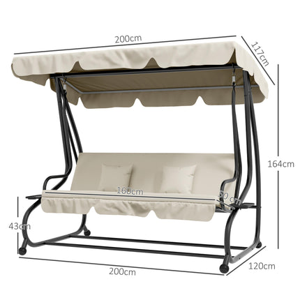 Convertible Three-Seater Swing Chair Bed with Canopy and Cushions - Cream