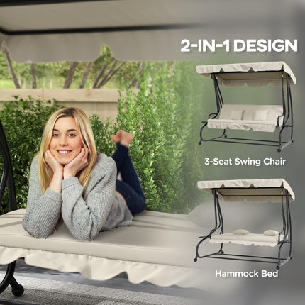 Convertible Three-Seater Swing Chair Bed with Canopy and Cushions - Cream