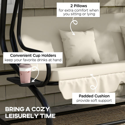 Convertible Three-Seater Swing Chair Bed with Canopy and Cushions - Cream
