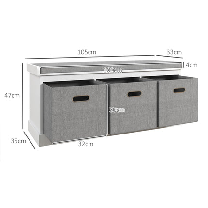 Three-Drawer Shoe Storage Bench with Padded Seat - White